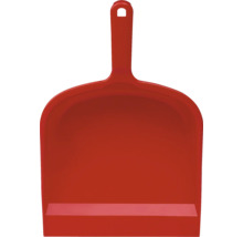 Făraș din plastic roșu cu mâner pentru curățenie.