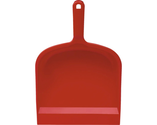 Făraș din plastic roșu cu mâner pentru curățenie.