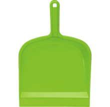 Făraș verde din plastic cu mâner scurt și orificiu de agățare.