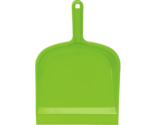Făraș verde din plastic cu mâner scurt și orificiu de agățare.