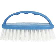 Perie de mână albastră din plastic cu peri albi.