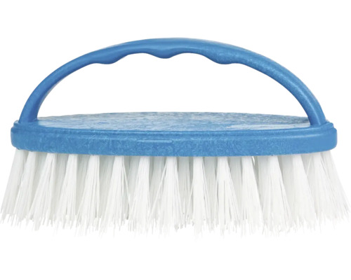 Perie de mână albastră din plastic cu peri albi.
