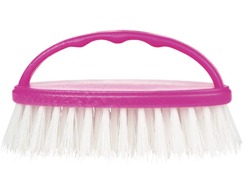 Perie de frecat roz cu mâner ergonomic și peri albi din plastic.