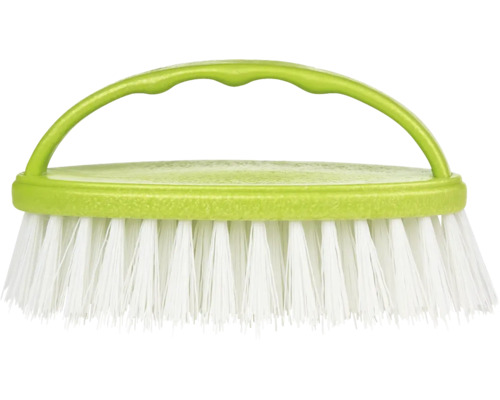 Perie de frecat verde din plastic cu mâner ergonomic și peri albi.