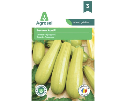 Agrosel Logo, plic cu semințe de dovlecel Summer Ace F1 cu imaginea unor dovlecei verzi deschis, protecție germinare și omologat în România.
