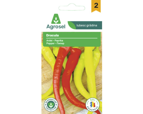 Agrosel Logo, semințe de ardei lungi din soiul Dracula, sigilii pentru protecția germinației și soi românesc.