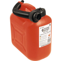 Canistră roșie pentru combustibil Könner & Söhnen 5 litri din plastic antistatic cu cioc de scurgere flexibil.