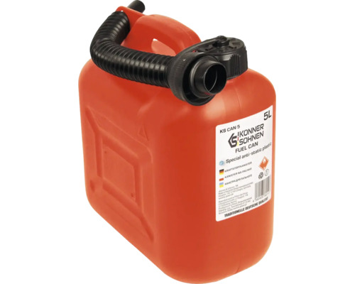 Canistră roșie pentru combustibil Könner & Söhnen 5 litri din plastic antistatic cu cioc de scurgere flexibil.