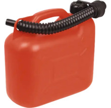 Canistră de benzină roșie din plastic cu gât de turnare flexibil și capac cu înfiletare.