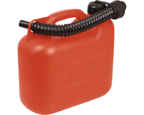 Canistră de benzină roșie din plastic cu gât de turnare flexibil și capac cu înfiletare.
