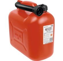 Canistră roșie pentru combustibil Könner și Söhnen din plastic antistatic, capacitate 10 litri, cu pâlnie flexibilă neagră.
