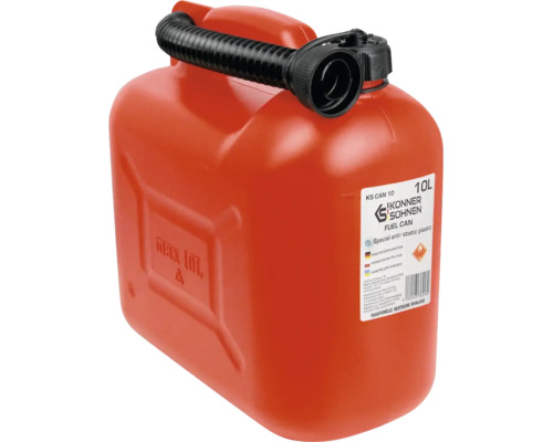 Canistră roșie pentru combustibil Könner și Söhnen din plastic antistatic, capacitate 10 litri, cu pâlnie flexibilă neagră.