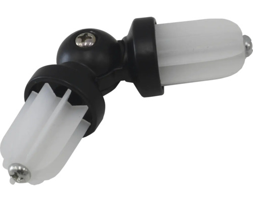 Conector de colț flexibil pentru galerii din plastic cu articulație reglabilă în negru și alb.