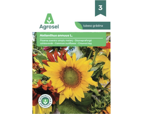 Plic cu semințe Agrosel pentru floarea soarelui Helianthus annuus cu imaginea unor flori galbene și roșiatice și sigiliu de protecție a germinării.