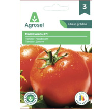 Plic semințe tomate Moldoveanu F1 de la Agrosel cu imaginea unor roșii coapte.