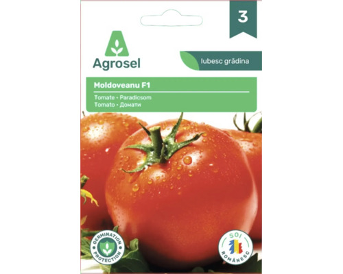 Plic semințe tomate Moldoveanu F1 de la Agrosel cu imaginea unor roșii coapte.