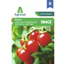 Semințe de roșii cherry snack Agrosel Henriet, plic cu imaginea unor roșii roșii coapte pe ciorchine.