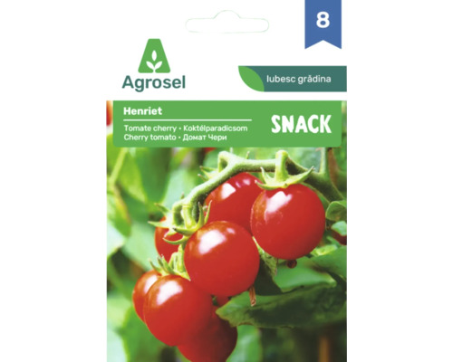 Semințe de roșii cherry snack Agrosel Henriet, plic cu imaginea unor roșii roșii coapte pe ciorchine.