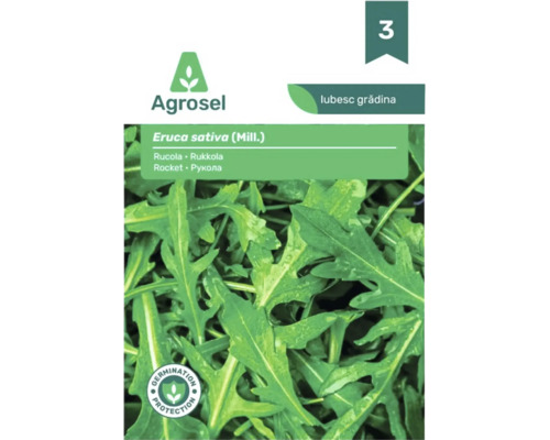Agrosel Logo, plic de semințe pentru rucola Eruca sativa cu protecție pentru germinare.
