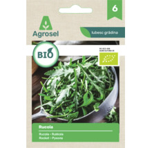 Semințe de rucola bio Agrosel, Agrosel Logo, sigla UE pentru produse ecologice, imagine cu un bol cu rucolă proaspătă.