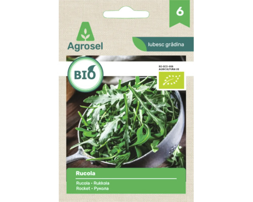 Semințe de rucola bio Agrosel, Agrosel Logo, sigla UE pentru produse ecologice, imagine cu un bol cu rucolă proaspătă.