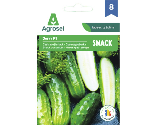 Plic de semințe pentru castraveți snack Jerry F1 de la Agrosel, soi românesc.