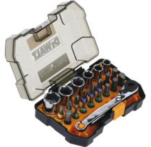 Set de clichet și biți DeWalt în cutie de plastic cu mini clichet, chei tubulare și diverși biți.