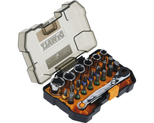 Set de clichet și biți DeWalt în cutie de plastic cu mini clichet, chei tubulare și diverși biți.