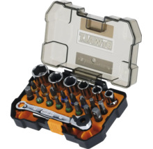 Set de biți și chei tubulare DeWalt într-o cutie de depozitare compactă cu clichet, diverși biți și capete tubulare.