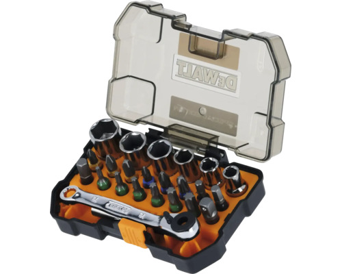 Set de biți și chei tubulare DeWalt într-o cutie de depozitare compactă cu clichet, diverși biți și capete tubulare.