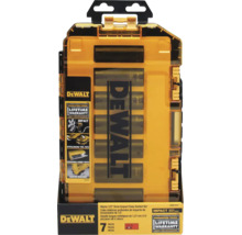 Set de 7 chei tubulare de impact metrice DeWALT de 1/2 inch într-o cutie de depozitare galbenă și transparentă.