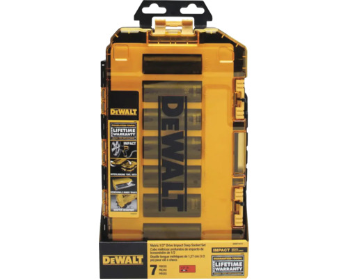 Set de 7 chei tubulare de impact metrice DeWALT de 1/2 inch într-o cutie de depozitare galbenă și transparentă.