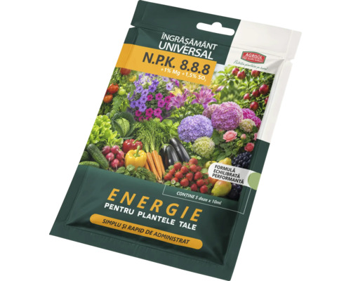 Logo Agrisol, îngrășământ universal lichid NPK 8.8.8, formulă echilibrată, 5 doze a câte 10 mililitri pentru flori, fructe și legume.