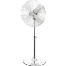 Ventilator cu picior reglabil pe înălțime din metal cu bază rotundă și grilaj de protecție.
