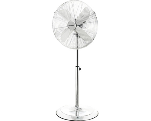 Ventilator cu picior reglabil pe înălțime din metal cu bază rotundă și grilaj de protecție.
