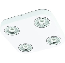 Plafonieră LED albă, pătrată, cu patru spoturi rotunde, striate.
