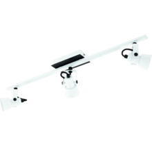 Plafonieră cu trei spoturi albă cu spoturi reglabile.