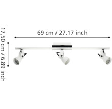 Spot de tavan cu trei becuri, cu dimensiunile de 69 centimetri lățime și 17,5 centimetri înălțime.