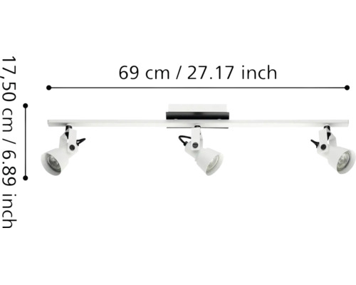 Spot de tavan cu trei becuri, cu dimensiunile de 69 centimetri lățime și 17,5 centimetri înălțime.
