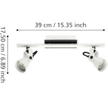 Plafonieră albă cu două spoturi reglabile. Lățime 39 centimetri și înălțime 17,50 centimetri.