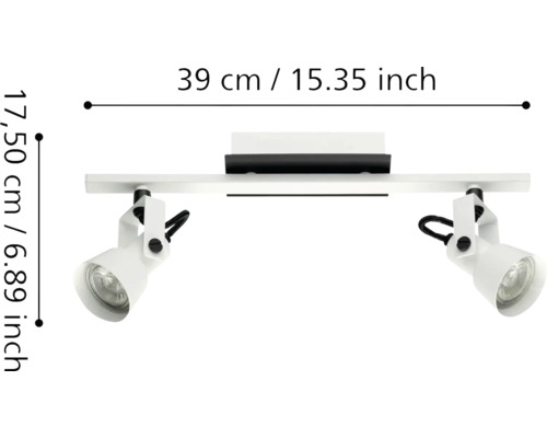 Plafonieră albă cu două spoturi reglabile. Lățime 39 centimetri și înălțime 17,50 centimetri.