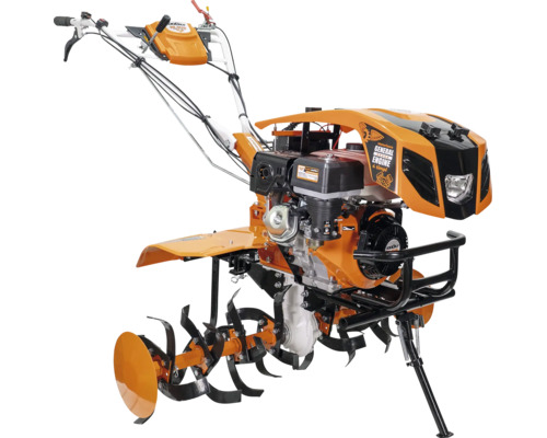 Motosapă cu motor în patru timpi, freze rotative și ghidon reglabil.