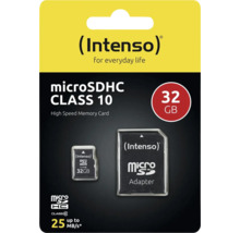Card Intenso microSDHC Class 10, 32 gigaocteți cu adaptor, card de memorie de mare viteză de până la 25 megaocteți pe secundă.