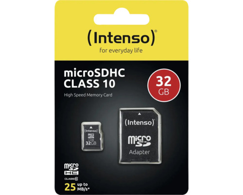 Card Intenso microSDHC Class 10, 32 gigaocteți cu adaptor, card de memorie de mare viteză de până la 25 megaocteți pe secundă.