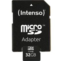 Card de memorie Intenso microSDHC 32 GB clasa 10 cu adaptor SD inclus.