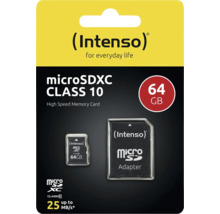 Card de memorie Intenso microSDXC clasa 10 cu o capacitate de 64 Gigaocteți și adaptor.