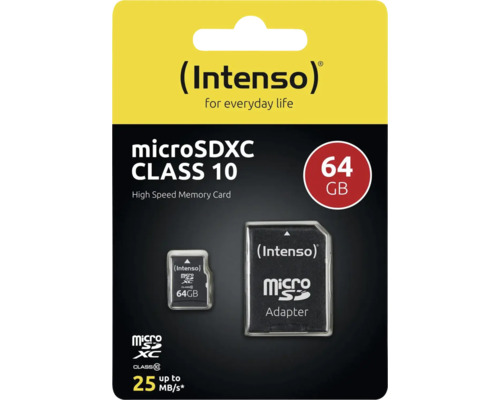 Card de memorie Intenso microSDXC clasa 10 cu o capacitate de 64 Gigaocteți și adaptor.