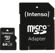 Card de memorie Intenso MicroSDXC de 64 gigaocteți, clasa 10, inclusiv adaptor SD.