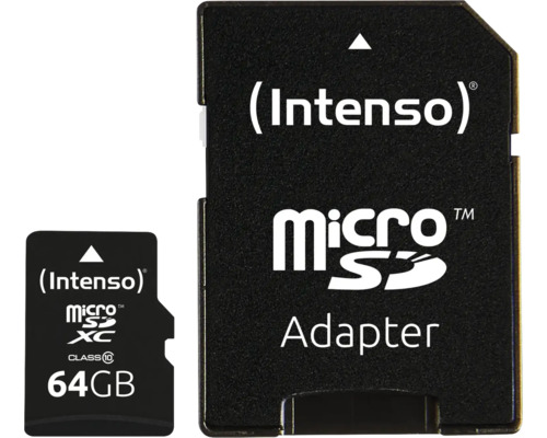 Card de memorie Intenso MicroSDXC de 64 gigaocteți, clasa 10, inclusiv adaptor SD.