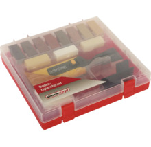 Set de reparare pardoseală Werkzeyt pentru laminat, plută și parchet în carcasă de plastic cu topitor și batoane de ceară dură.
